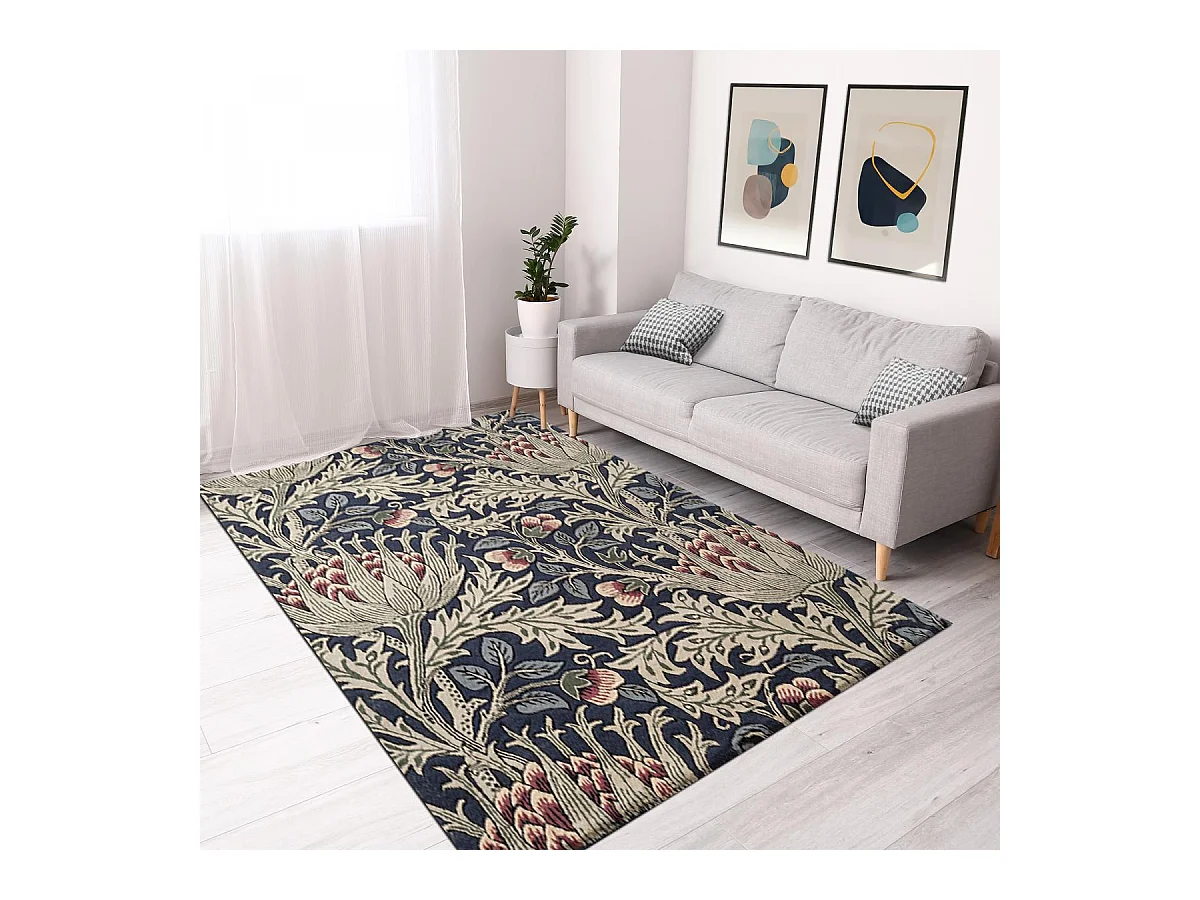 tapis salon 200x280 fait à la main en laine bleu et vert motif floral