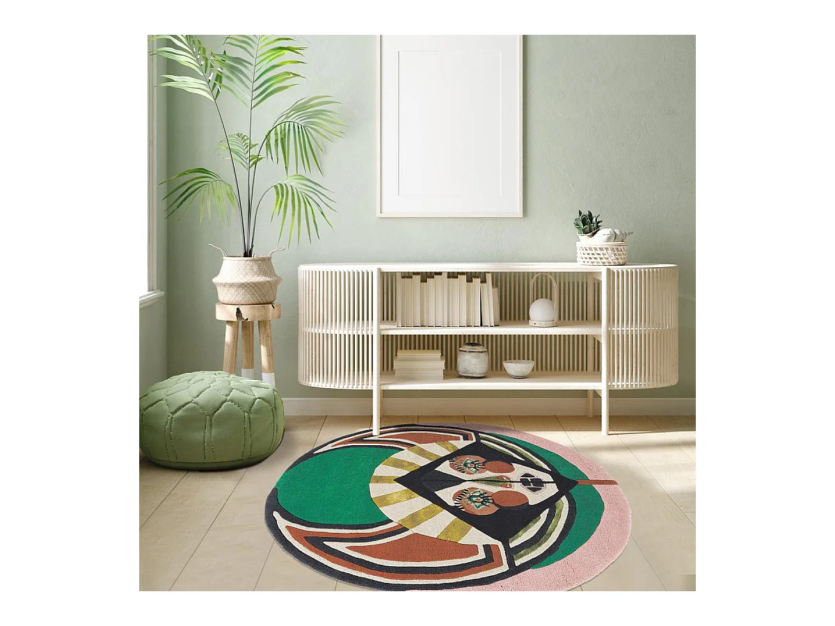 tapis entrée 100x100 fait à la main en laine multicolore motif fresque