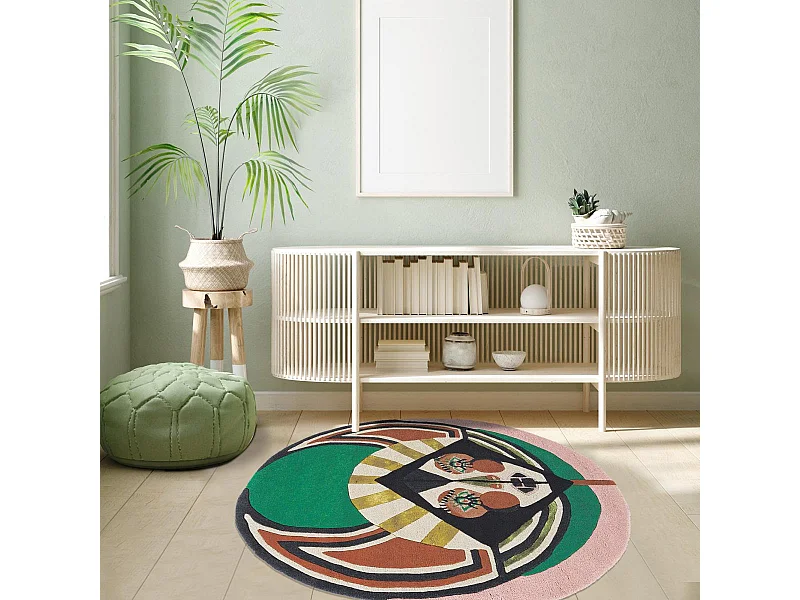 tapis entrée 100x100 fait à la main en laine multicolore motif fresque