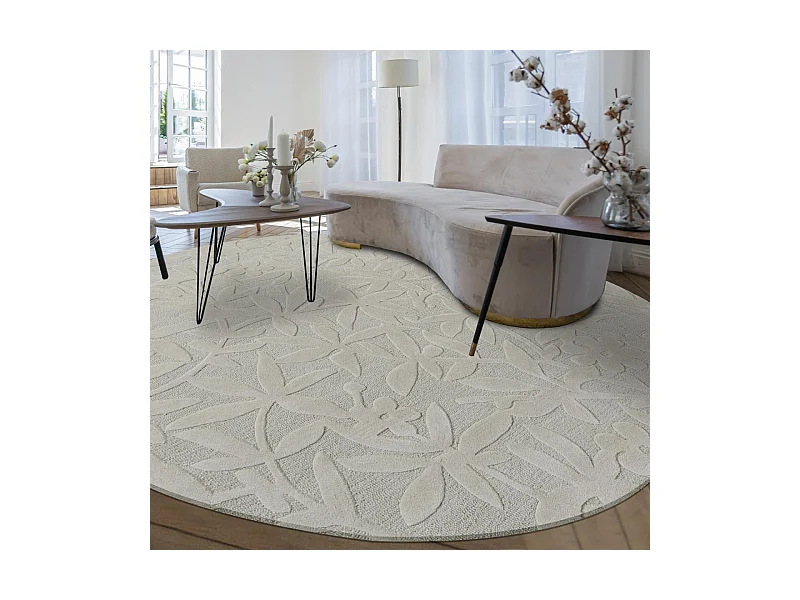 Tapis rond Ø150cm fait main en laine motif floral pour chambre CLEAVERS