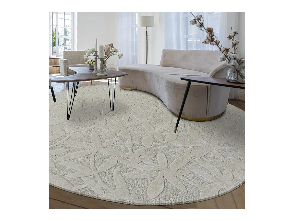 Tapis rond Ø150cm fait main en laine motif floral pour chambre CLEAVERS