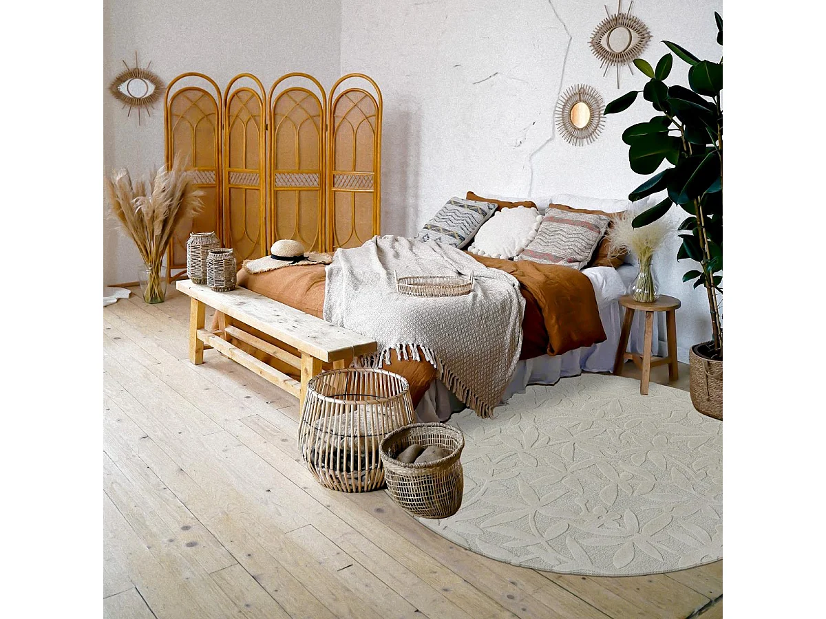 Tapis rond Ø150cm fait main en laine motif floral pour chambre CLEAVERS