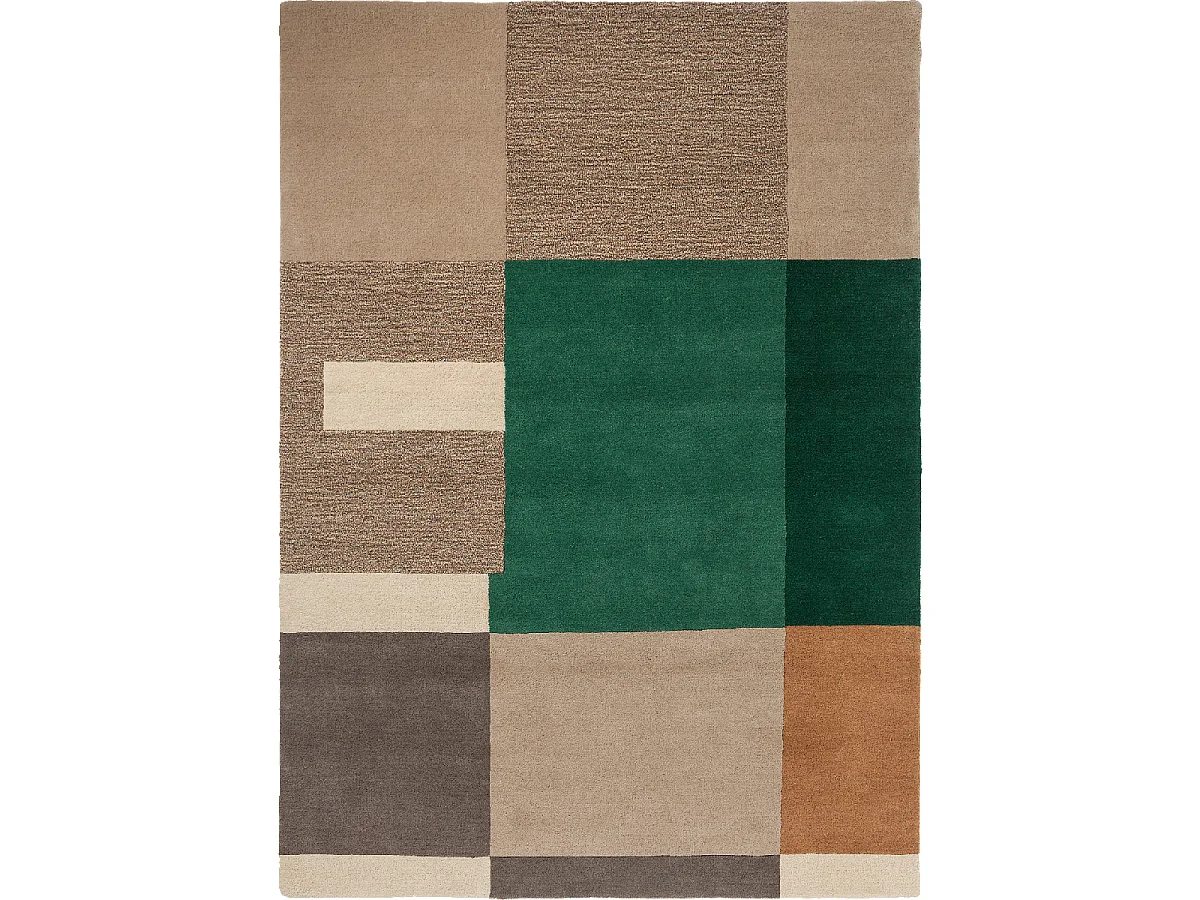 tapis salle à manger 200x280 fait main en laine beige et vert motif géométrique