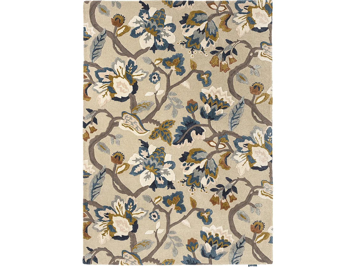 tapis salon 200x280 fait à la main en laine beige et bleu motif floral