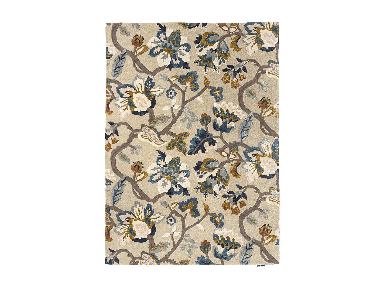 tapis salon 200x280 fait à la main en laine beige et bleu motif floral