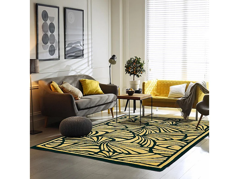 tapis open space 250x350 fait à la main en laine or et noir motif abstrait