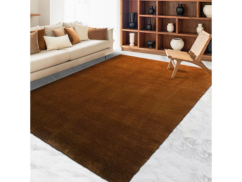 tapis salon 170x240 tufté en laine orange et marron rectangle motif faux uni