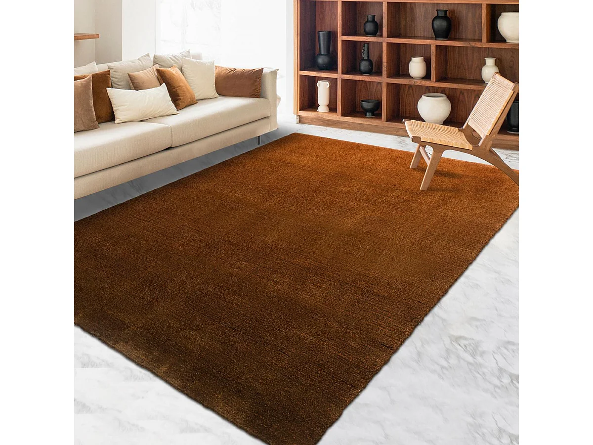 tapis salon 170x240 tufté en laine orange et marron rectangle motif faux uni