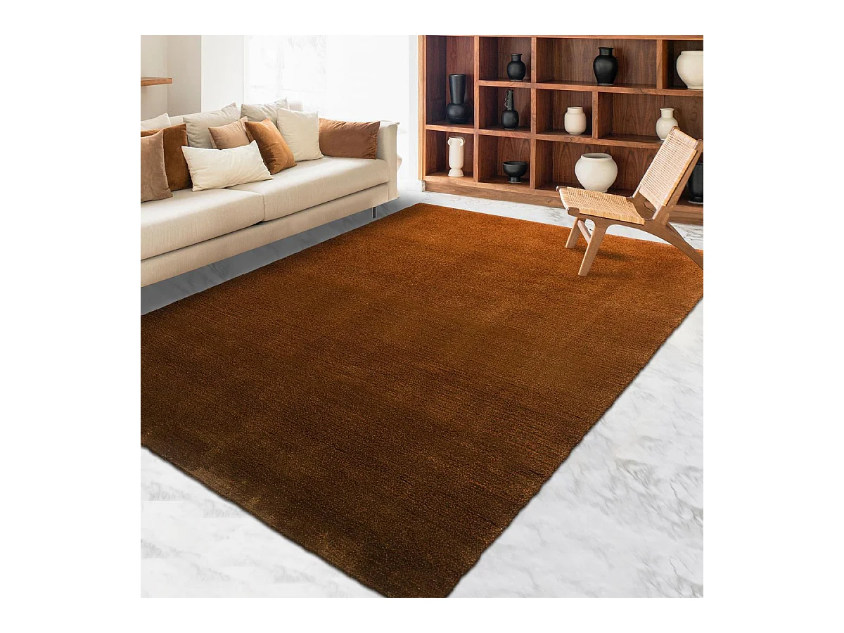 tapis salon 170x240 tufté en laine orange et marron rectangle motif faux uni