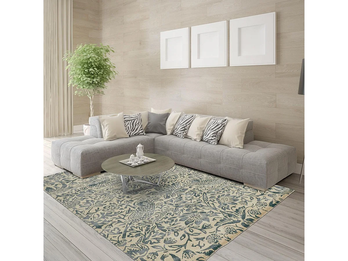 tapis entrée 140x200 fait à la main en laine gris et taupe motif floral