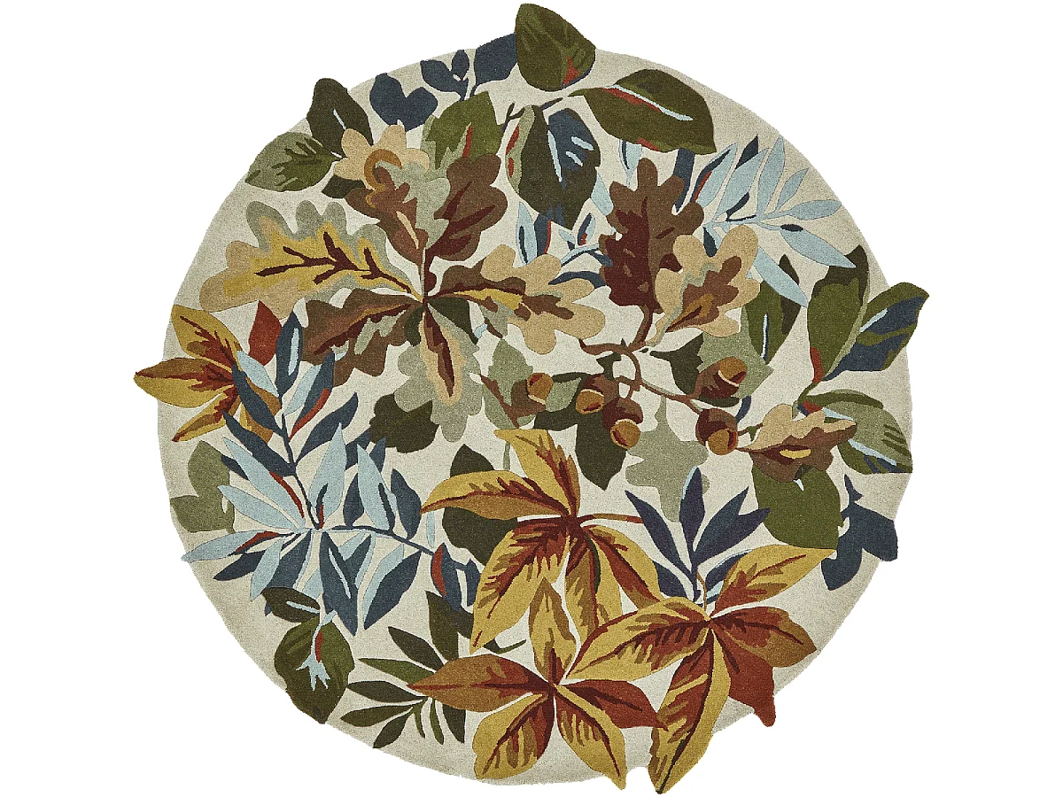 Tapis rond Ø150cm fait main en laine motif floral pour salon ROBINS