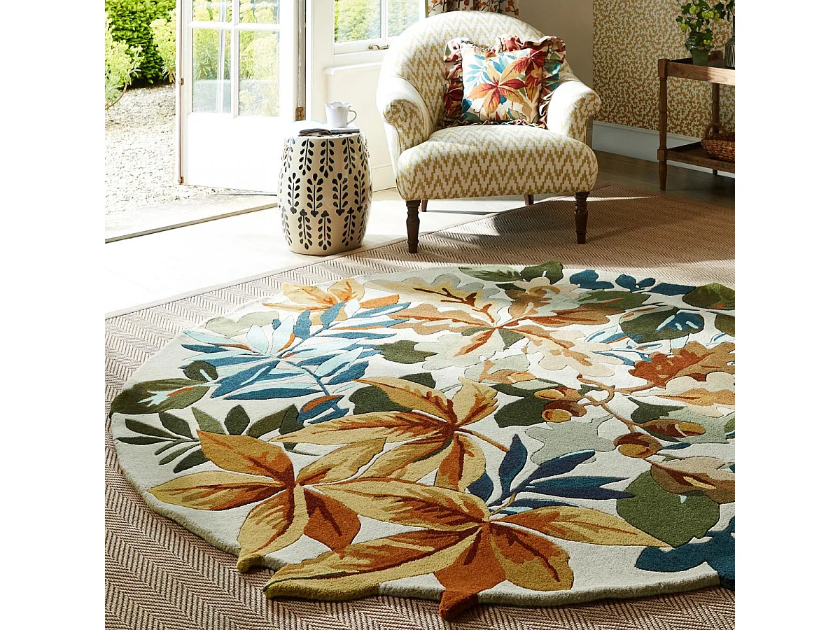 Tapis rond Ø150cm fait main en laine motif floral pour salon ROBINS