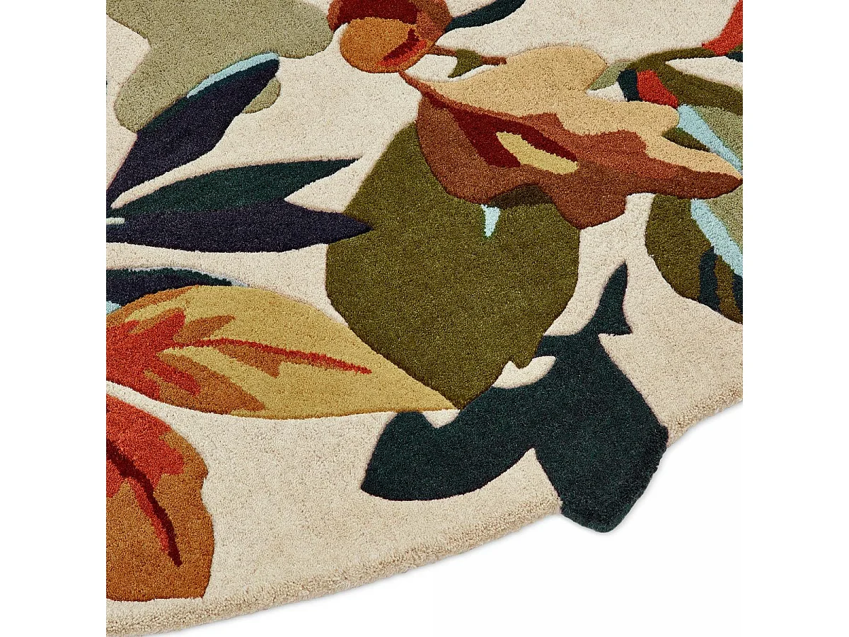 Tapis rond Ø150cm fait main en laine motif floral pour salon ROBINS
