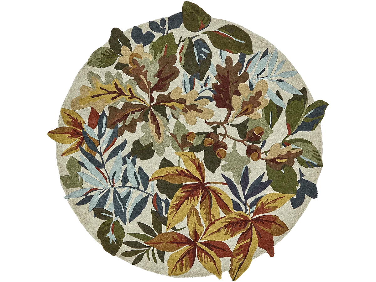 Tapis rond Ø150cm fait main en laine motif floral pour salon ROBINS