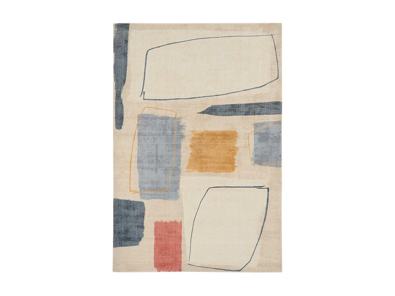 tapis chambre 200x280 fait à la main en laine beige et bleu motif abstrait