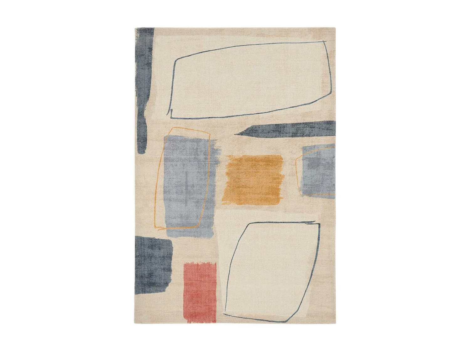 tapis chambre 200x280 fait à la main en laine beige et bleu motif abstrait