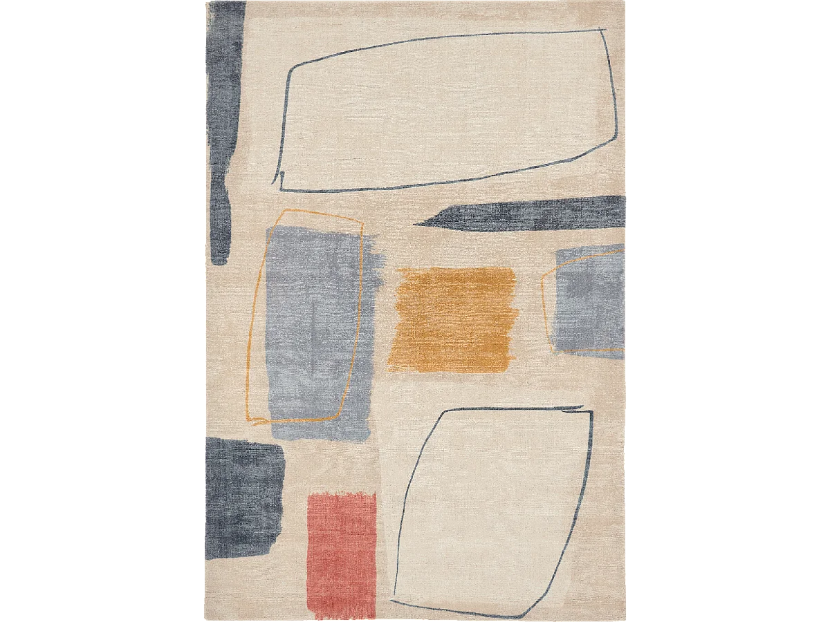 tapis chambre 200x280 fait à la main en laine beige et bleu motif abstrait