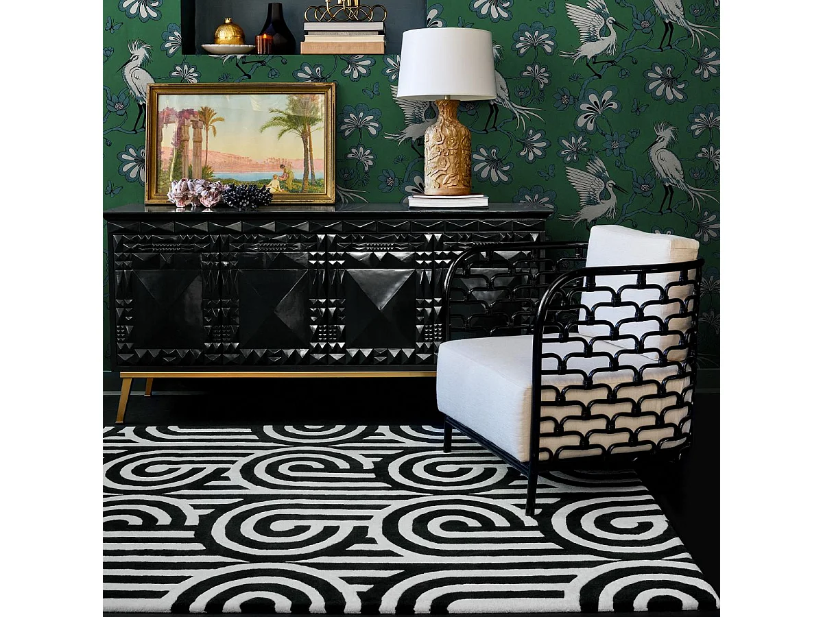 tapis chambre 200x280 fait à la main en laine noir et blanc motif seventies