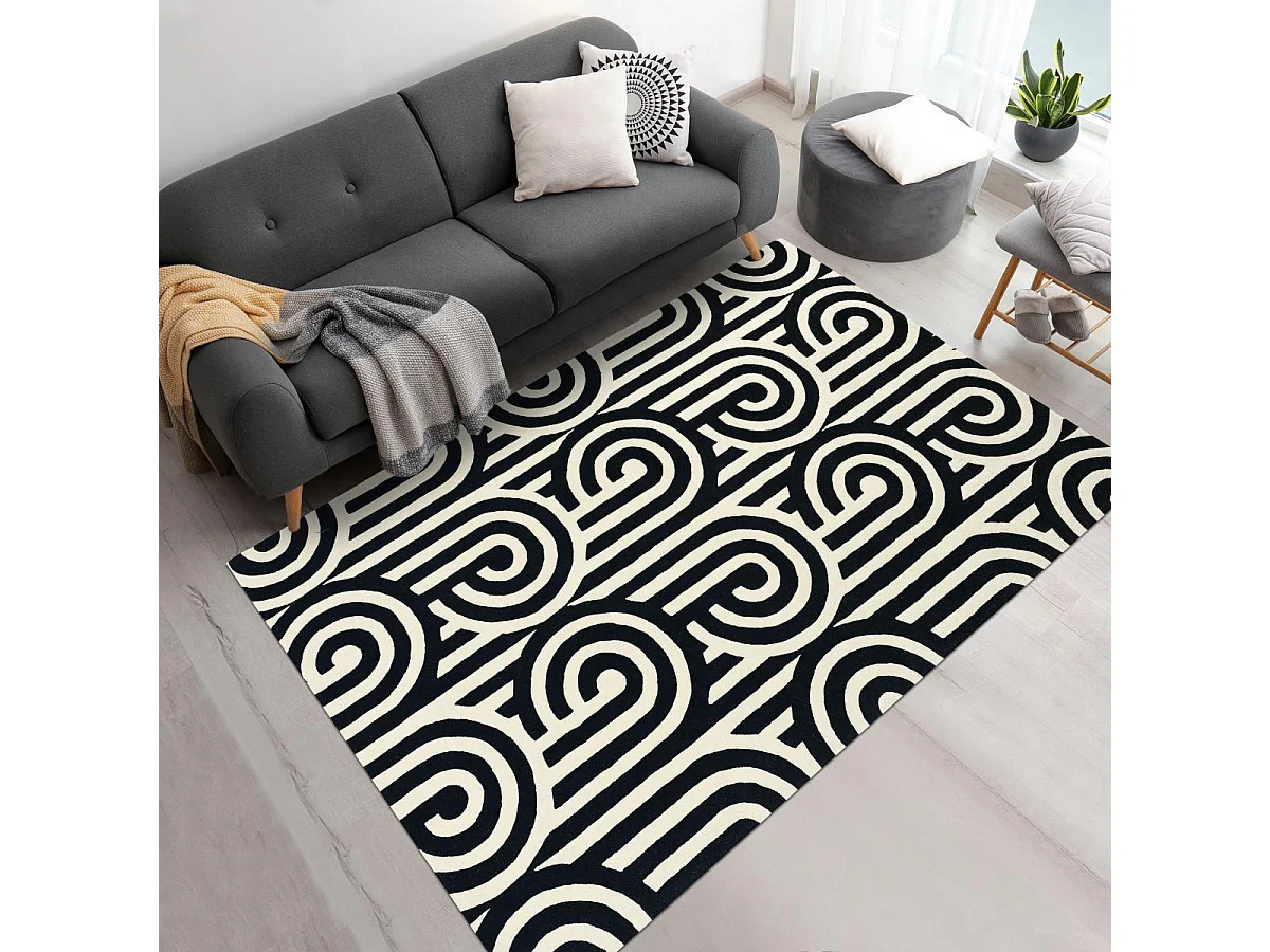 tapis chambre 200x280 fait à la main en laine noir et blanc motif seventies