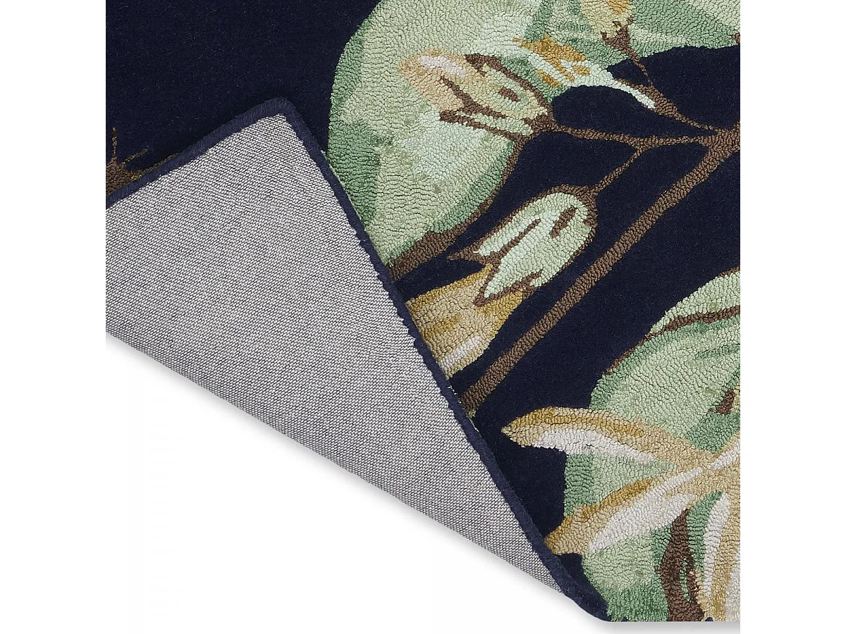 tapis entrée 120x180 fait à la main en laine bleu marine et vert motif floral