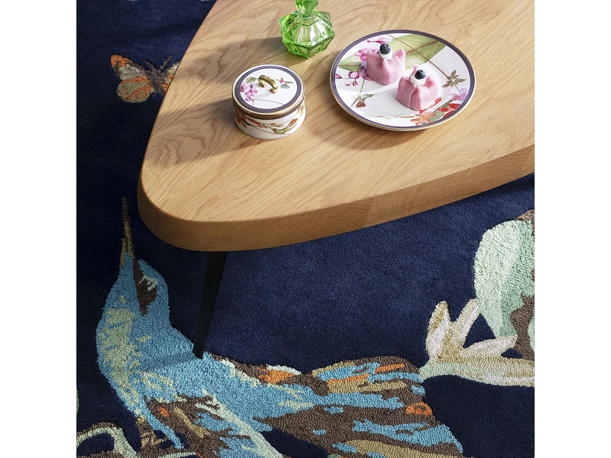 tappeto da ingresso 120x180 realizzato a mano in lana blu navy e verde fantasia floreale