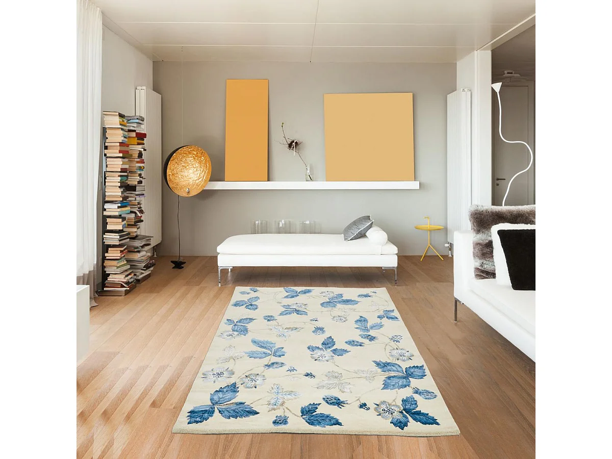 tapis salle à manger 250x350 fait à la main en laine crème motif floral