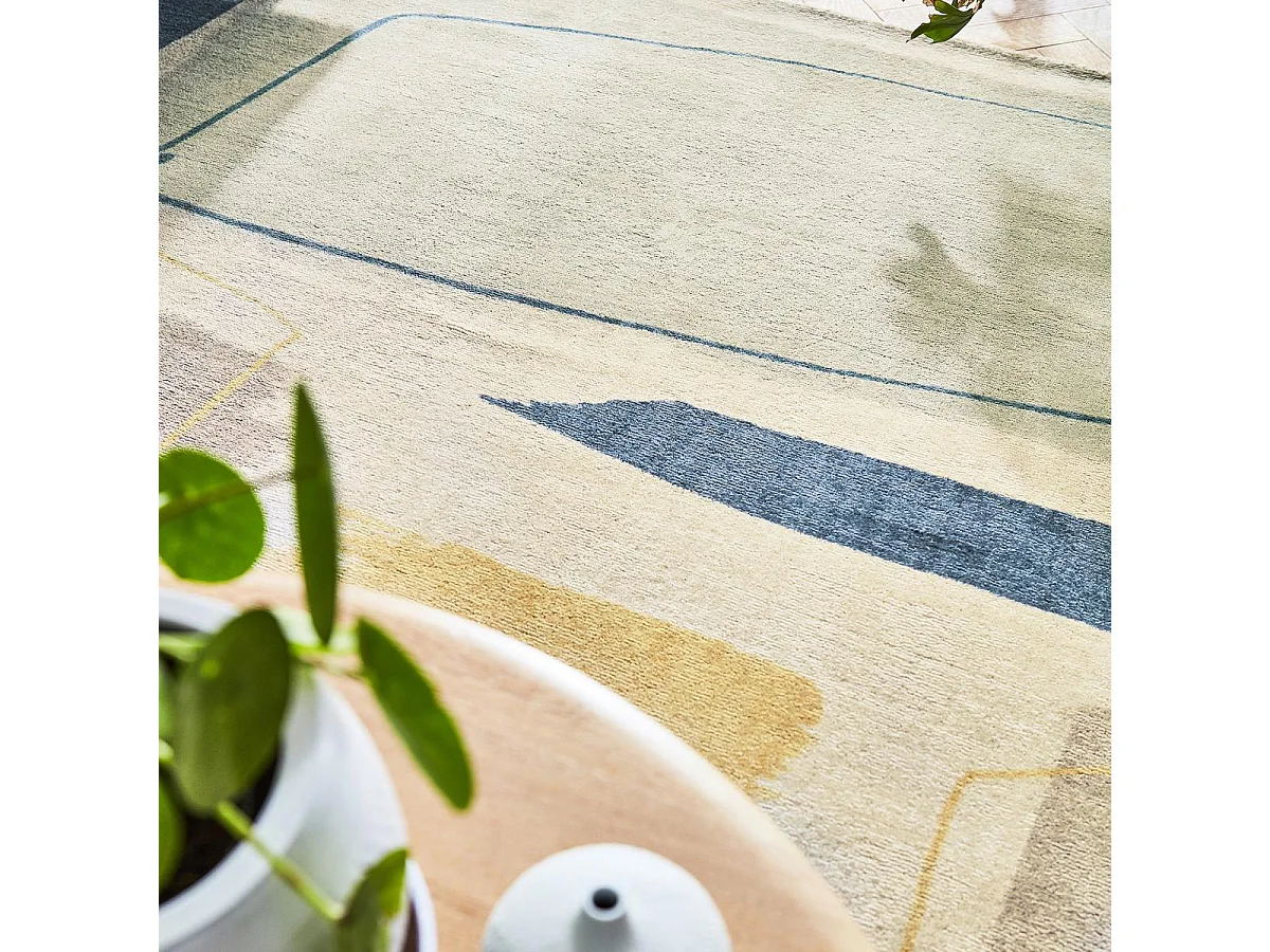 tapis grand salon 250x350 fait à la main en laine beige et jaune motif abstrait