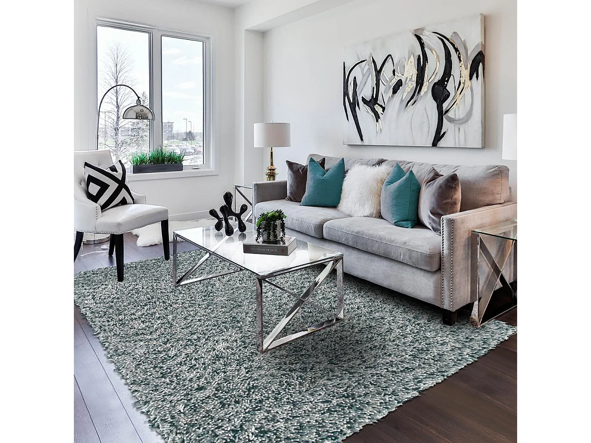 Tapis shaggy 170x240 rectangle tissé gris et blanc en laine motif faux uni ROCKS