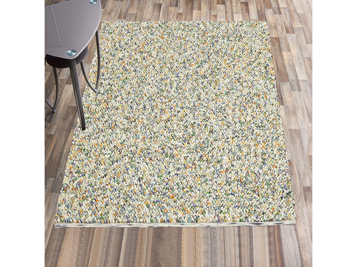 tapis salon 200x300 tissé en laine beige et jaune rectangle motif faux uni