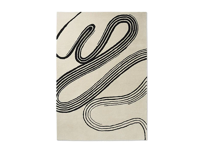 tapis chambre 160x230 fait main en laine crème et noir motif géométrique