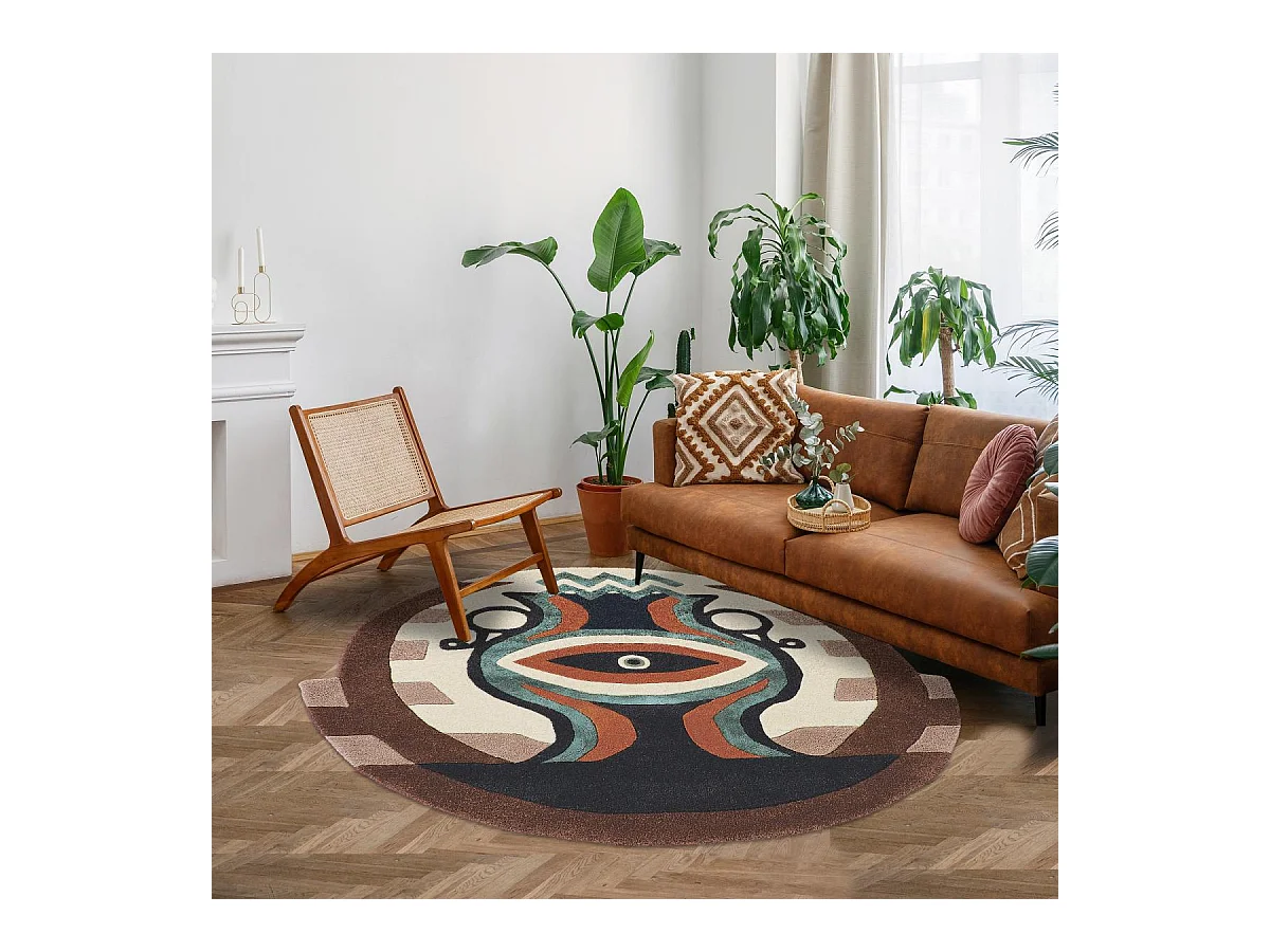 tapis entrée 100x100 fait à la main en laine multicolore motif fresque
