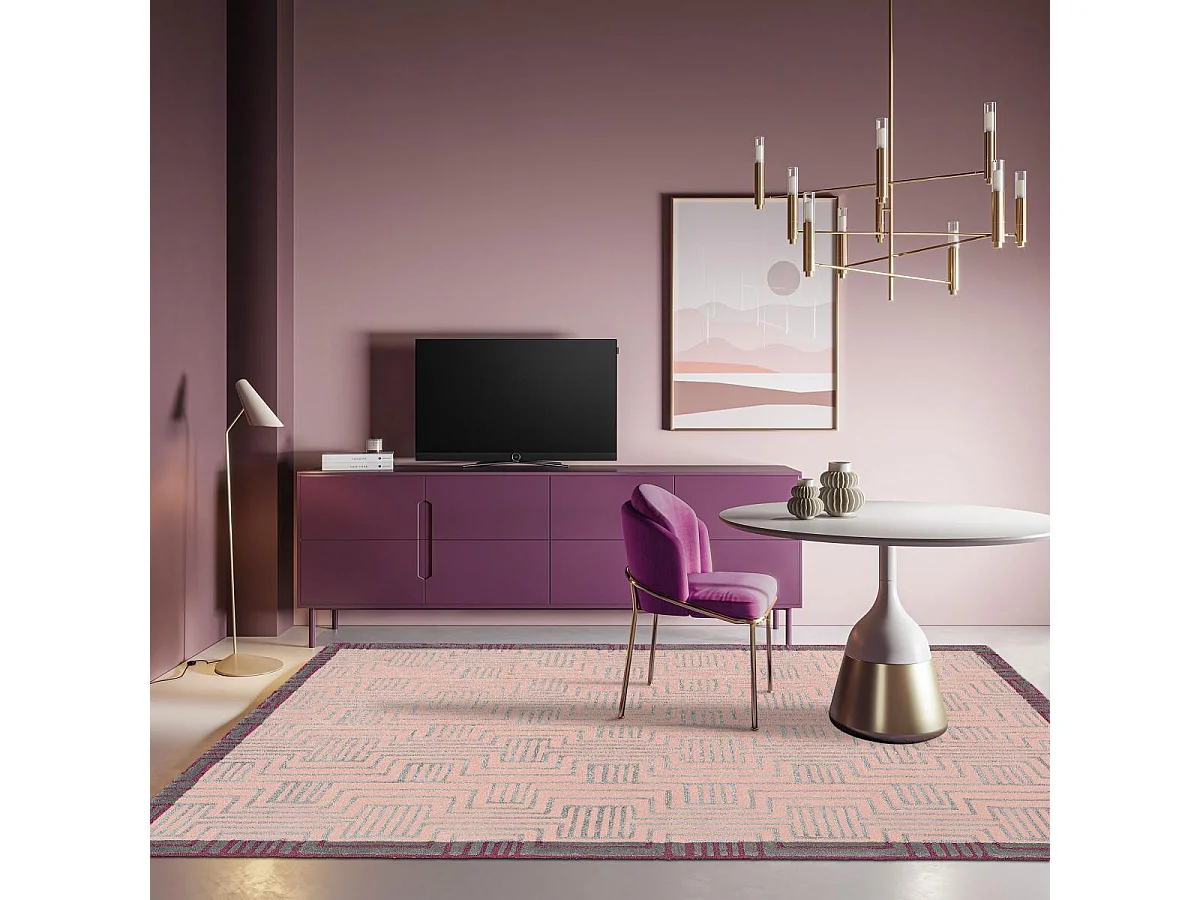 tapis salle à manger 250x350 fait à la main en laine rose motif géométrique