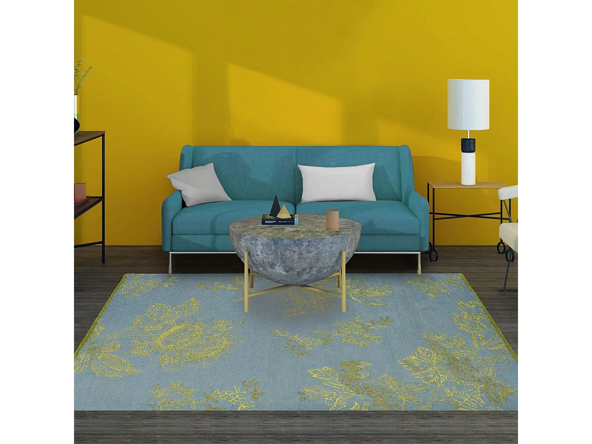 tapis salle à manger 250x350 fait à la main en laine bleu et or motif floral