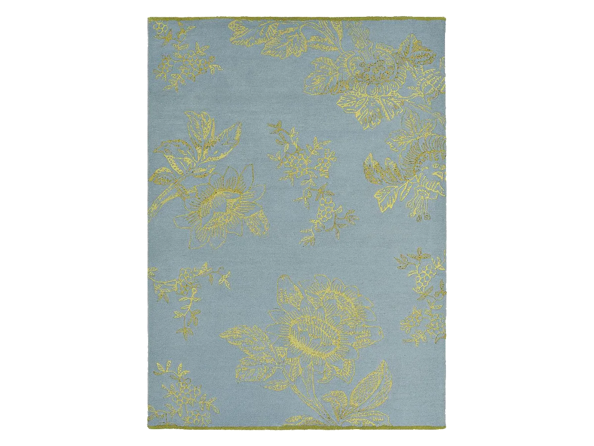 tapis salle à manger 250x350 fait à la main en laine bleu et or motif floral
