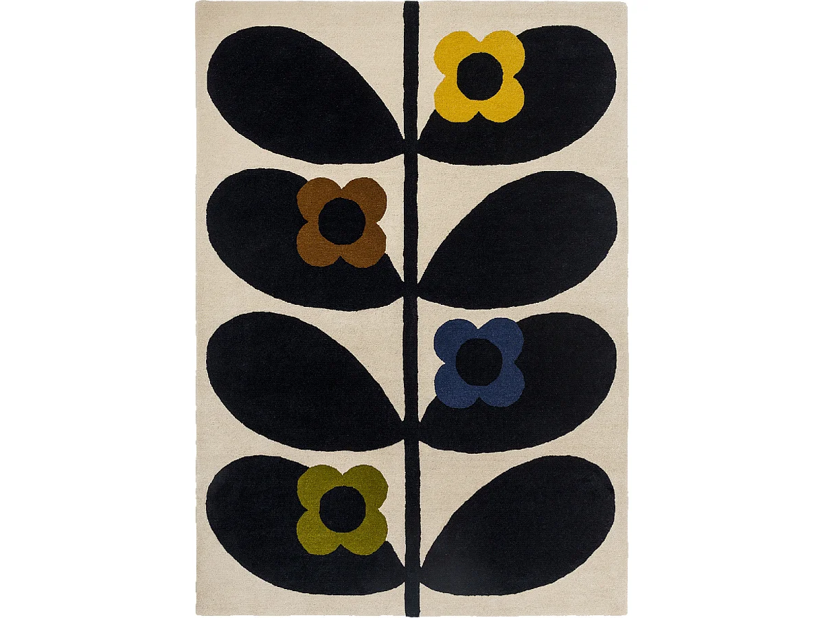 tapis chambre 200x280 fait main en laine noir et jaune rectangle motif floral