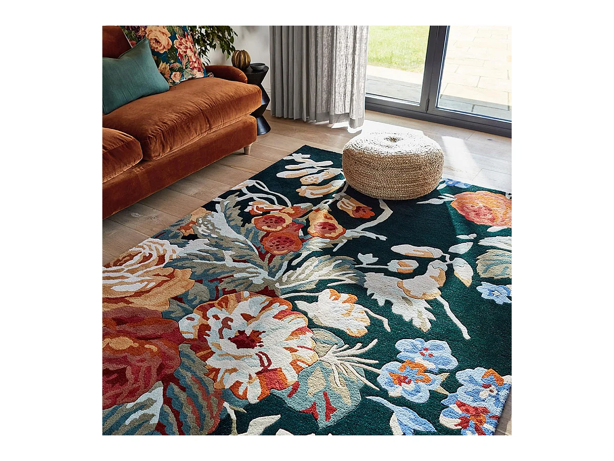 tapis entrée 140x200 fait à la main en laine bleu marine et orange motif floral