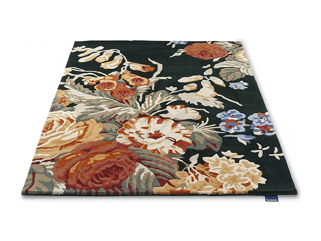 tappeto da ingresso 140x200 realizzato a mano in lana blu navy e arancione con motivo floreale