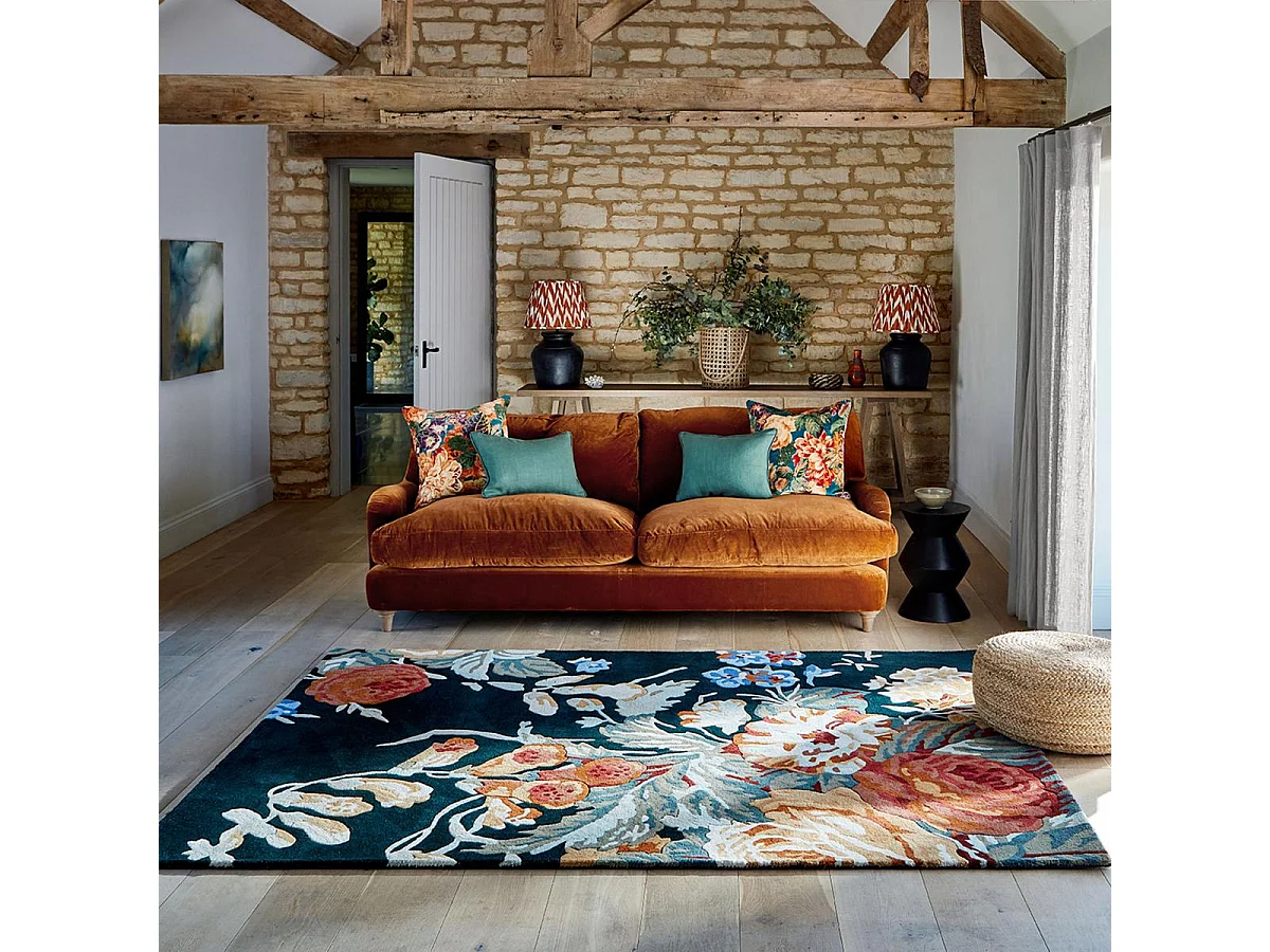 tappeto da ingresso 140x200 realizzato a mano in lana blu navy e arancione con motivo floreale