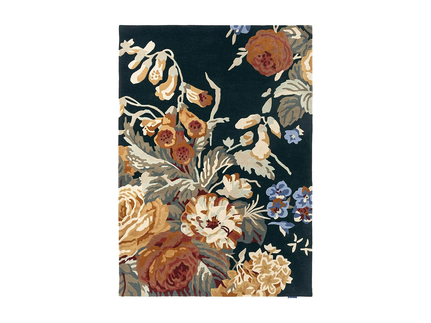tappeto da ingresso 140x200 realizzato a mano in lana blu navy e arancione con motivo floreale