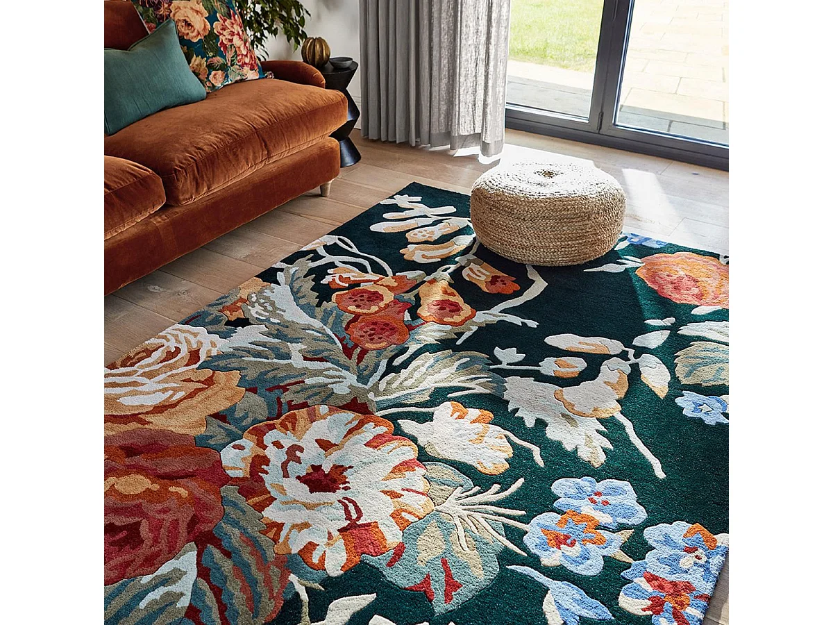 tappeto da ingresso 140x200 realizzato a mano in lana blu navy e arancione con motivo floreale