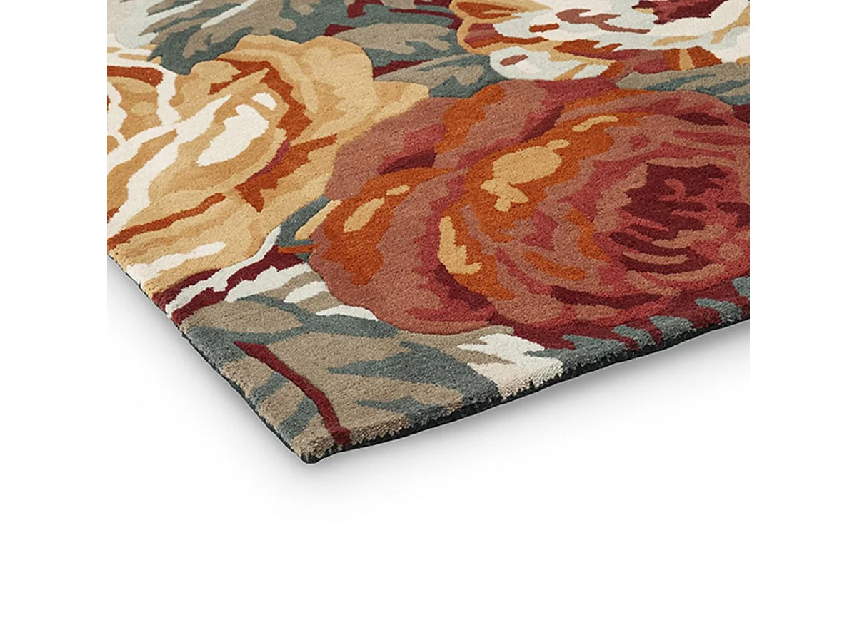 tappeto da ingresso 140x200 realizzato a mano in lana blu navy e arancione con motivo floreale