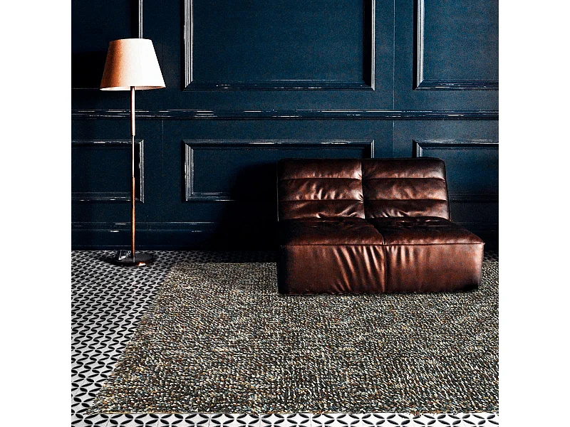 Tapis shaggy 200x300 rectangle tissé bleu et crème en laine motif faux uni ROCKS