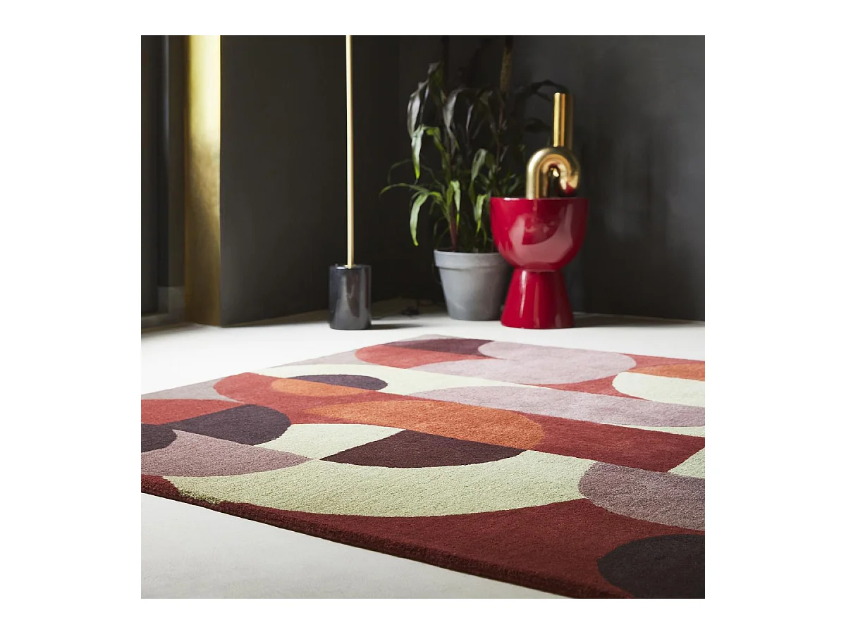 tapis chambre 160x230 fait à la main en laine rouge et orange motif seventies