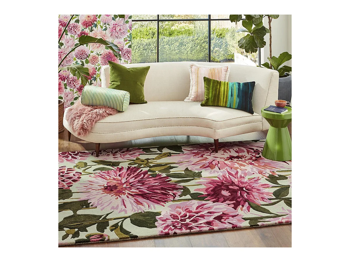tapis entrée 140x200 fait à la main en laine rose et vert rectangle motif floral