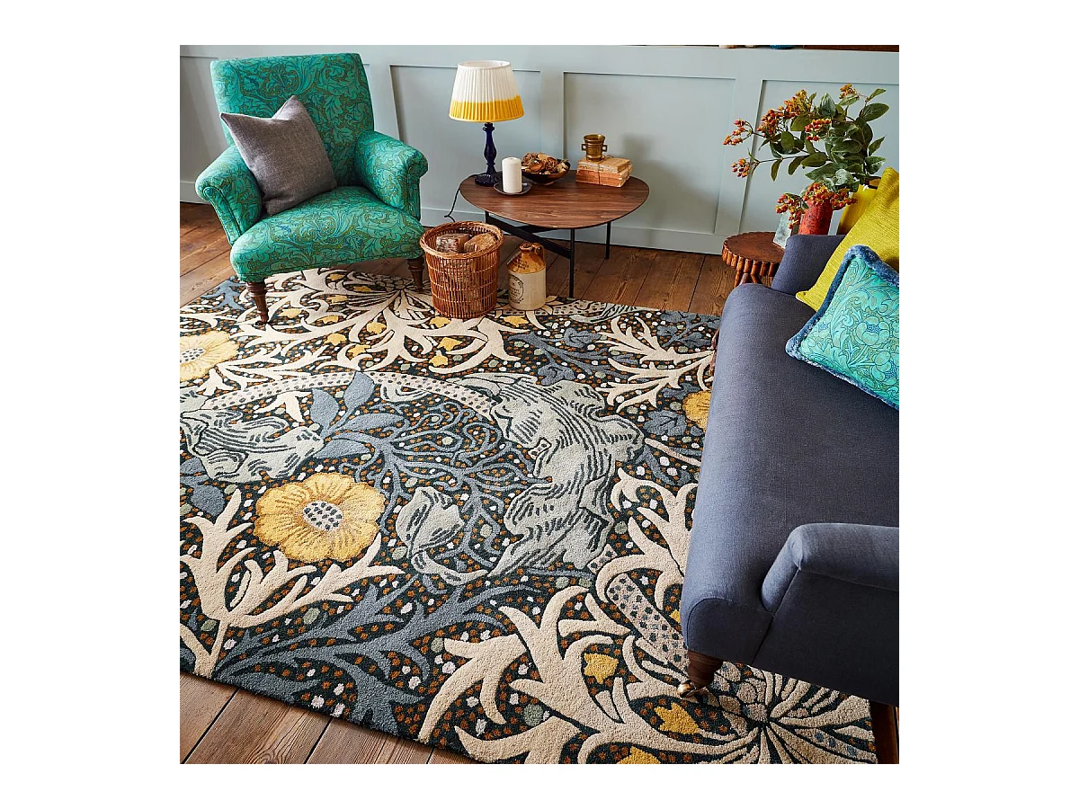 tapis salon 200x280 fait à la main en laine bleu et jaune motif floral