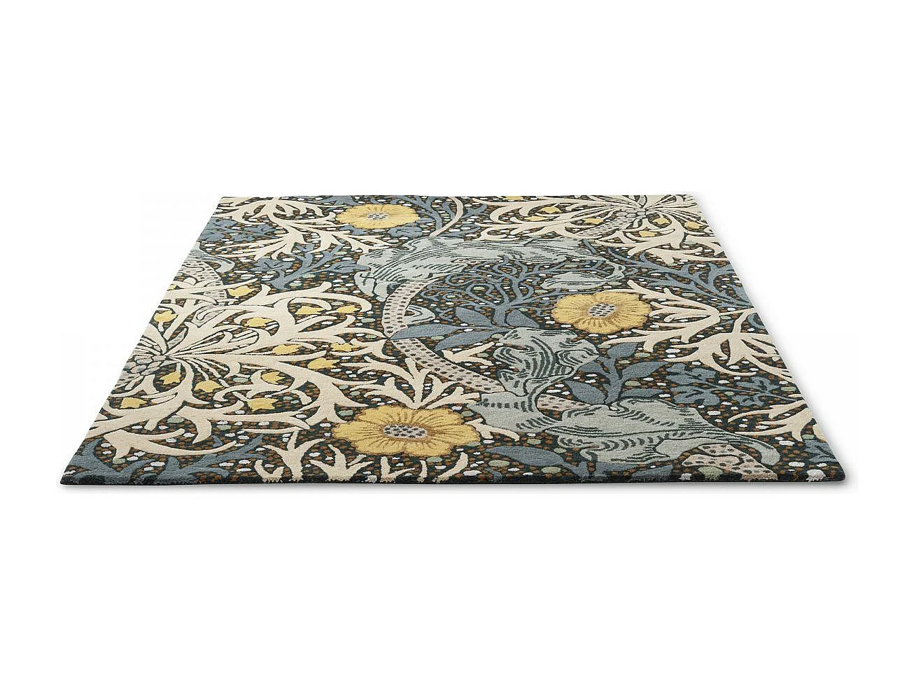 tapis salon 200x280 fait à la main en laine bleu et jaune motif floral