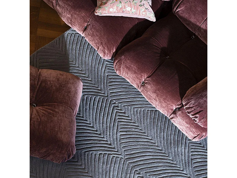 tapis salon 200x280 fait à la main en laine bleu et gris rectangle motif faux uni