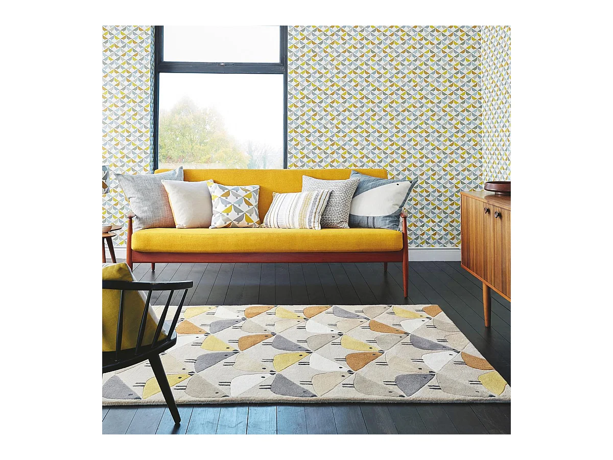 tapis chambre 120x180 fait à la main en laine gris et jaune motif animaux