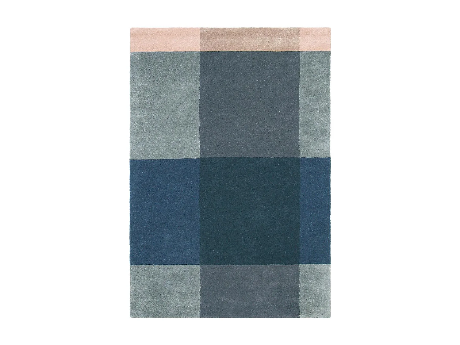 tapis salle à manger 250x350 fait à la main en laine bleu et gris motif seventies