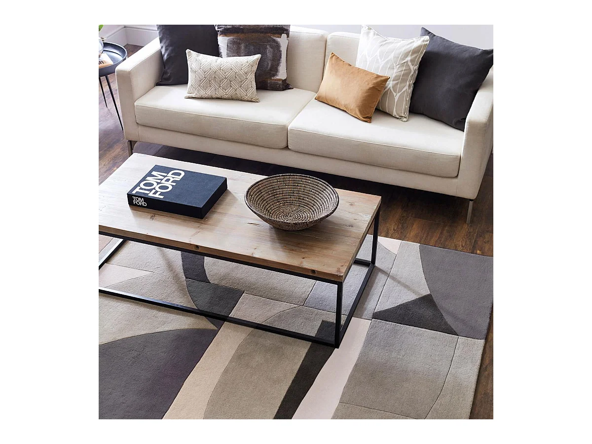 tapis grand salon 250x350 fait à la main en laine gris motif géométrique